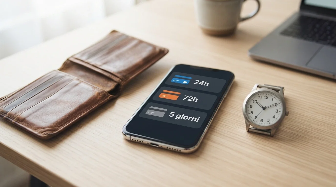 Un portafoglio in pelle aperto accanto a uno smartphone che mostra le icone di PayPal, Skrill, Postepay e Visa, con un orologio sullo sfondo