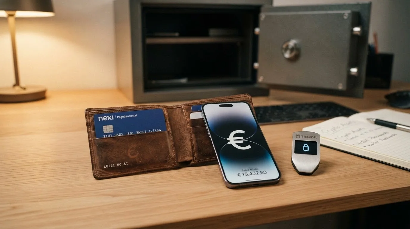 Un portafoglio aperto con carte di credito, una carta Revolut e uno smartphone con il simbolo dei bitcoin, su uno sfondo di cassaforte