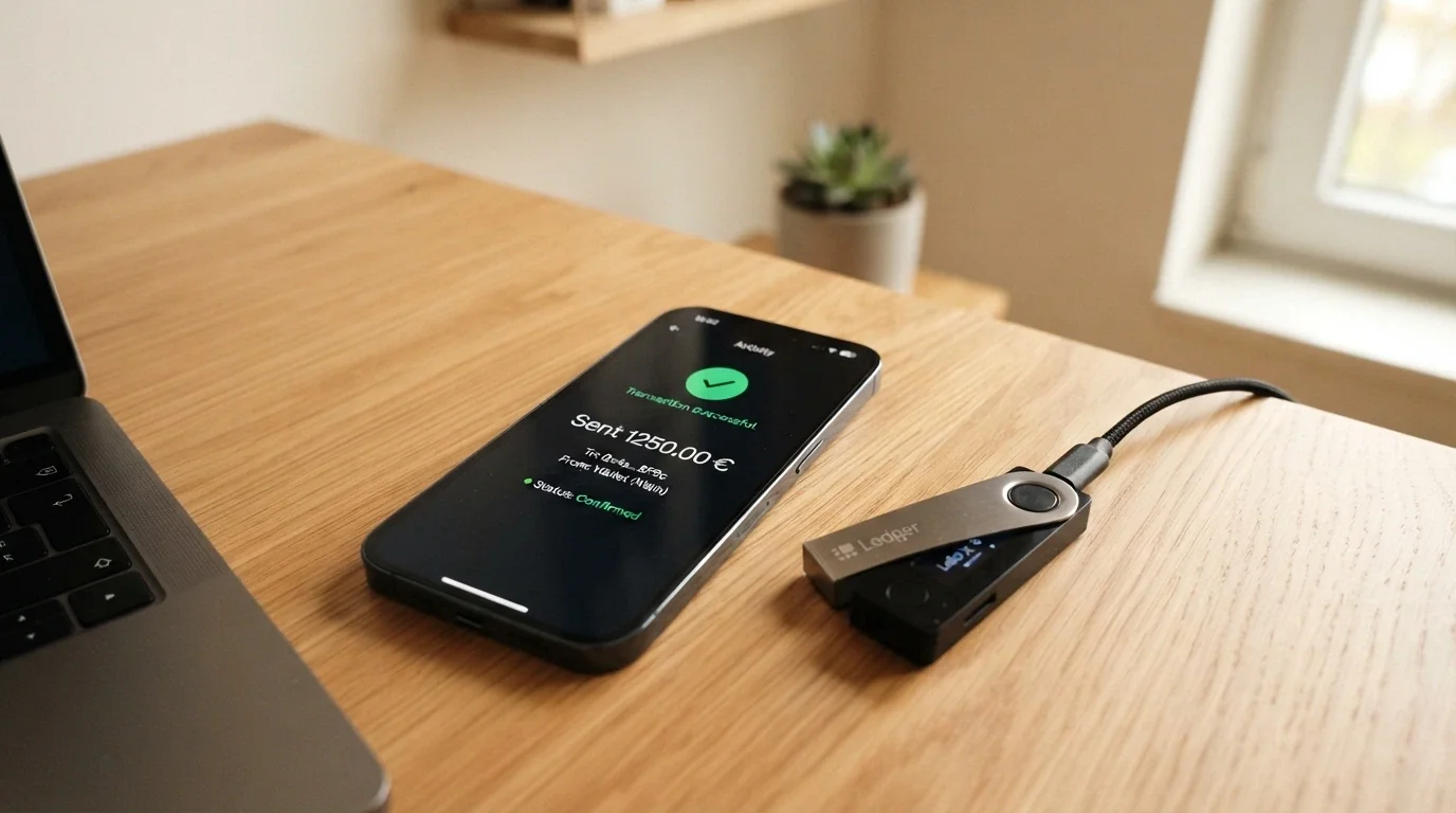 Uno smartphone con il portafoglio crypto aperto e una transazione in uscita confermata sulla blockchain