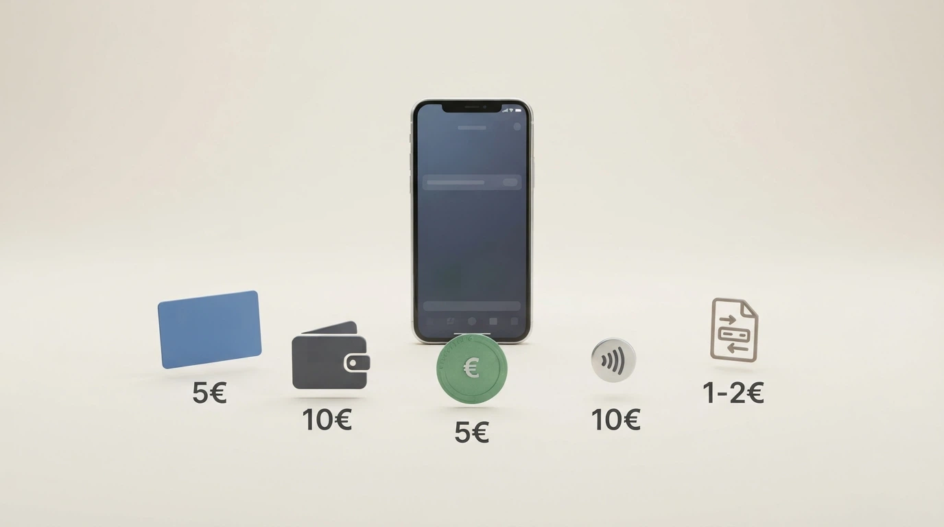 Uno smartphone circondato da icone di metodi di pagamento (PayPal, Postepay, Skrill, Visa, Paysafecard) con l'importo minimo scritto sotto ciascuna