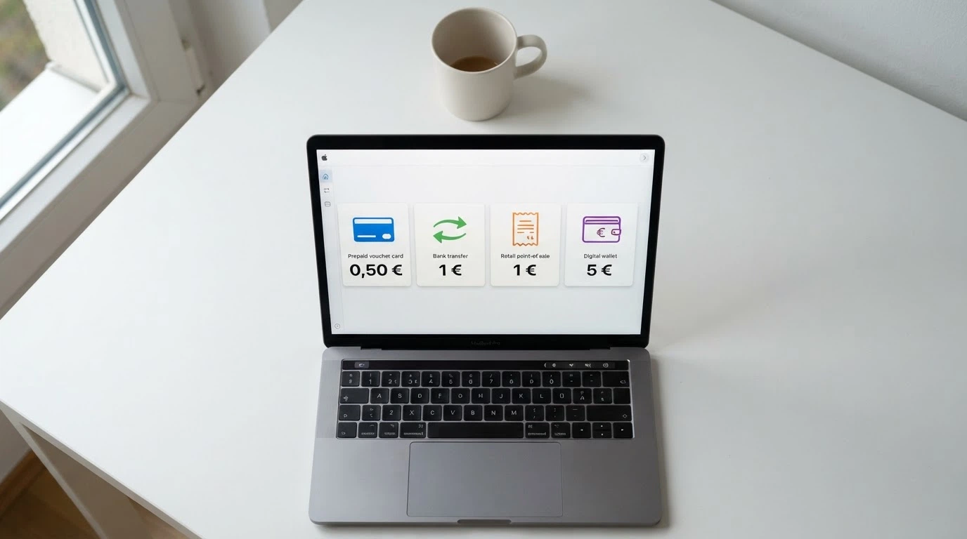 Uno schermo con le icone di Postepay, Paysafecard, PayPal e bonifico bancario affiancate dalle rispettive soglie minime di deposito in euro