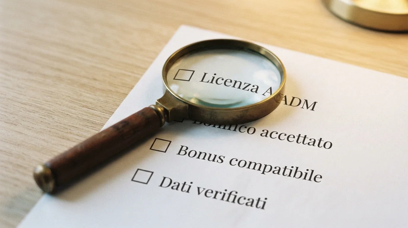 Una lente d'ingrandimento su una lista di controllo con voci come «Licenza ADM», «Bonifico accettato», «Bonus compatibile», «Dati verificati»