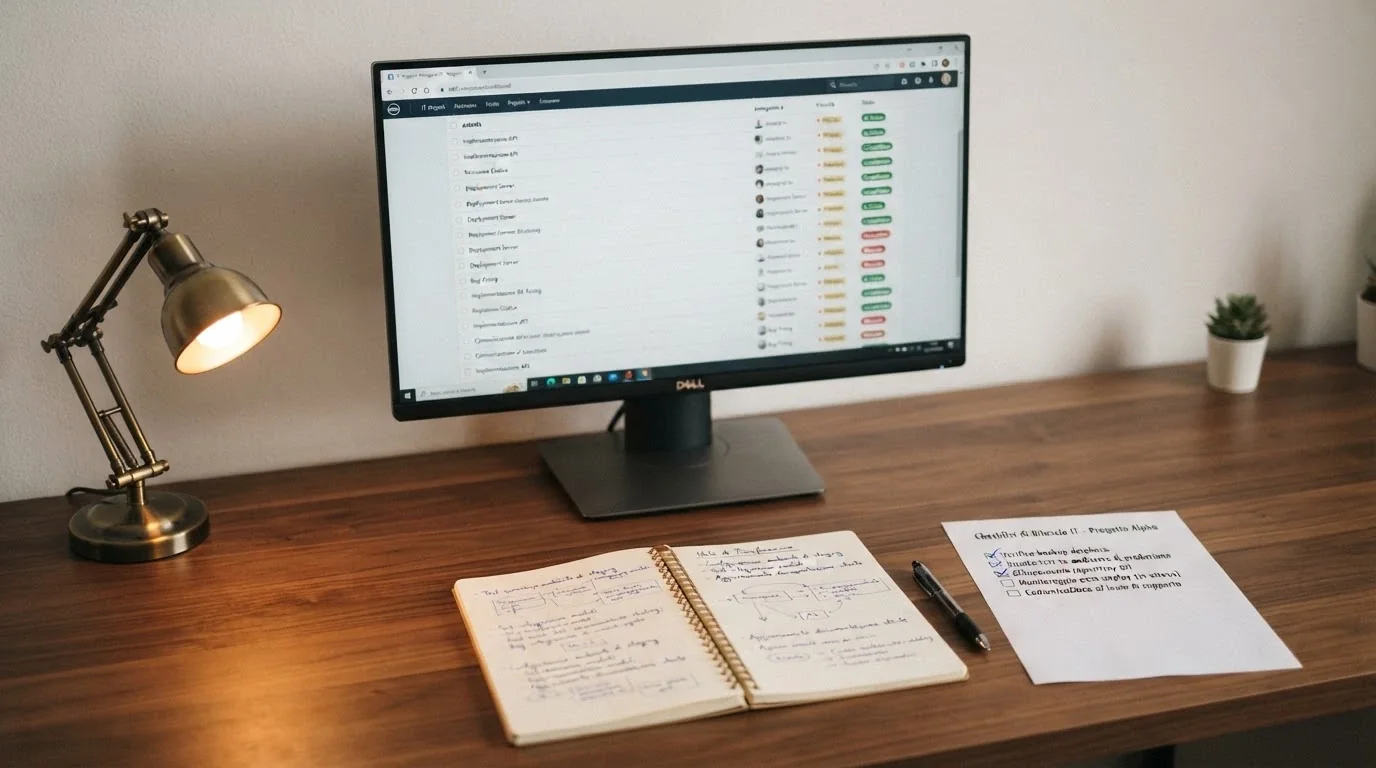 Una scrivania con un monitor che mostra il registro ADM aperto, un blocco note con appunti manoscritti e una lista di criteri di valutazione spuntati uno a uno