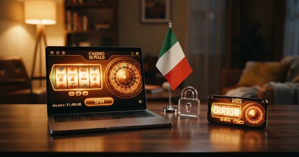 L'interfaccia di un casinò online visualizzata su un laptop affiancato a uno smartphone, con icone di licenze, lucchetti di sicurezza e una bandiera italiana in evidenza