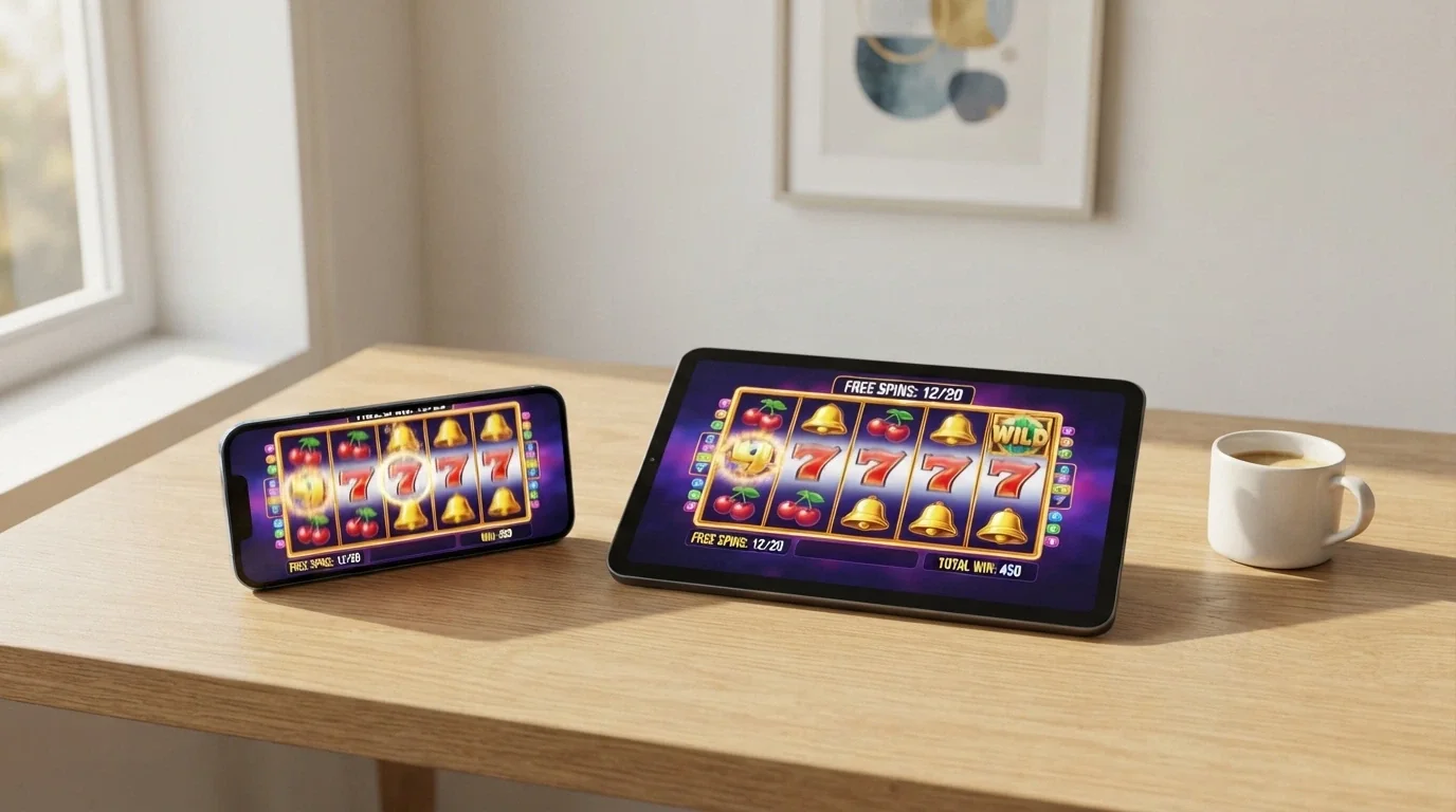 Uno smartphone affiancato a un tablet, entrambi con la stessa slot machine in esecuzione: a sinistra nell'app nativa, a destra nel browser mobile