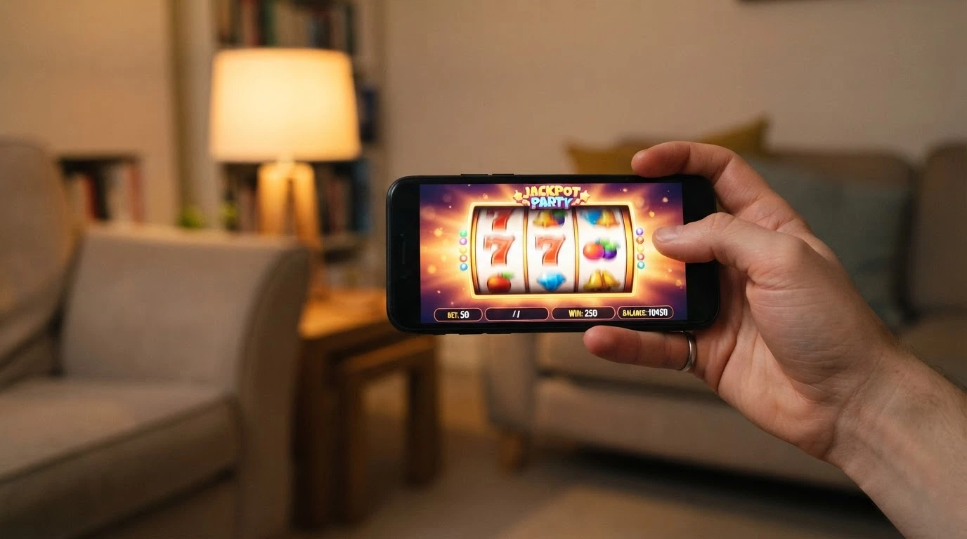 Una mano che tiene uno smartphone in orizzontale con i rulli di una slot machine in movimento sullo schermo, sullo sfondo sfocato un ambiente domestico