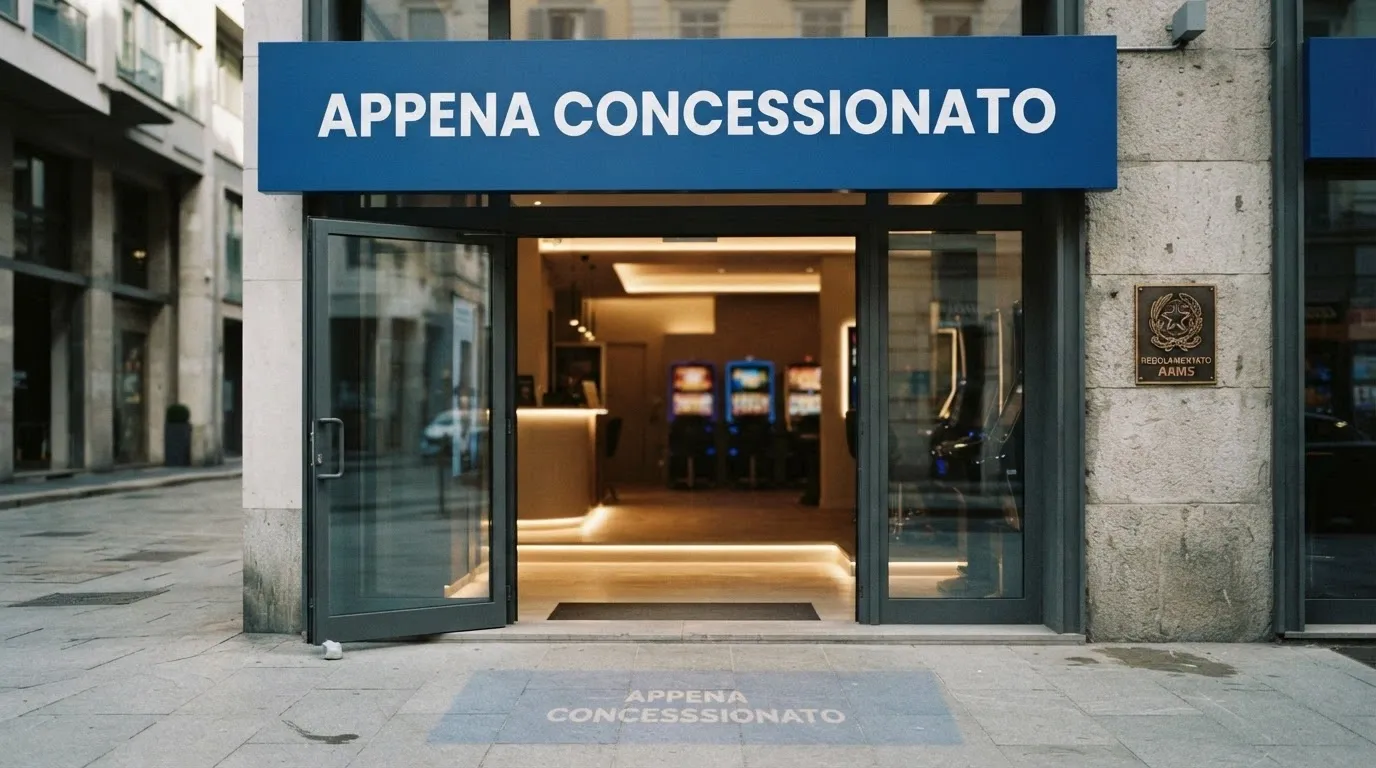 Un cartello «Appena concessionato» su un casinò online dall'aspetto moderno, con il logo ADM in primo piano