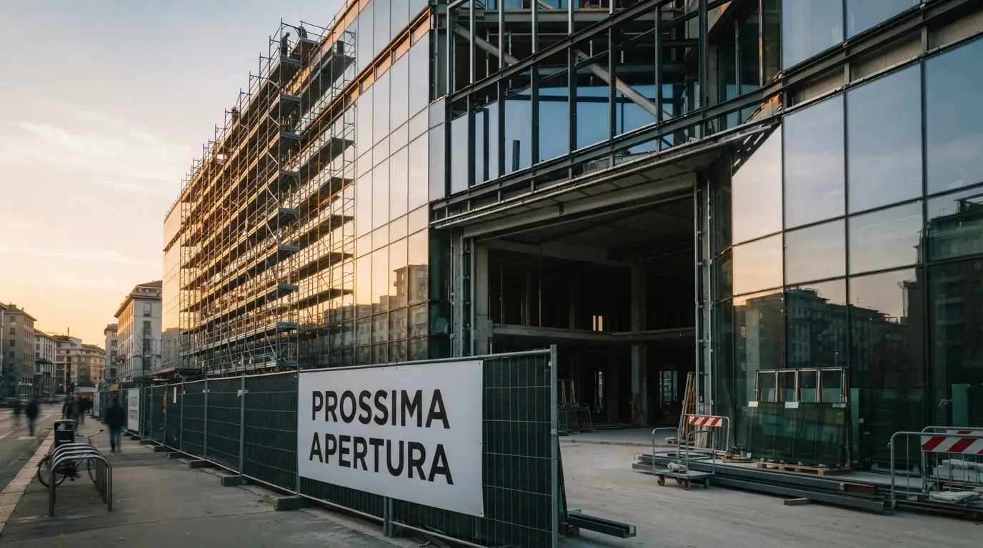 La silhouette di un casinò moderno in costruzione con il logo ADM in primo piano e un cartello «Prossima apertura»