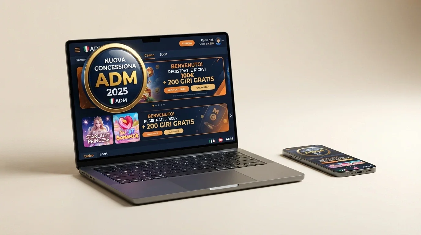 L'interfaccia di un casinò online di recente concessione con la dicitura «Nuova concessione ADM 2025» e l'offerta di lancio in homepage