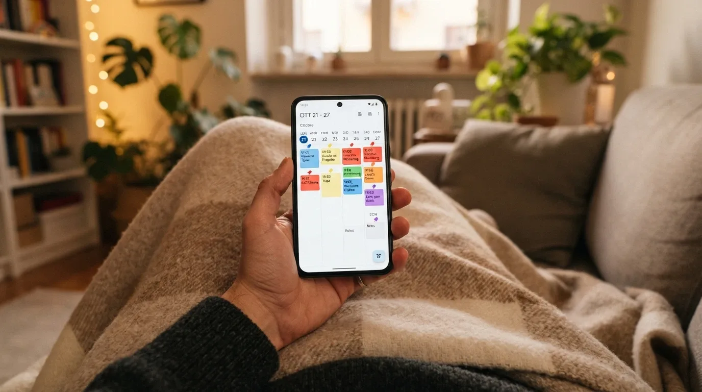 Il calendario di un telefono con icone colorate su giorni specifici della settimana e la sagoma di un casinò online sullo sfondo