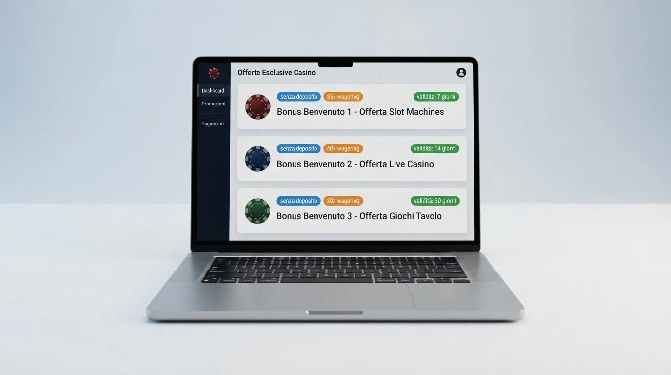 Schermata comparativa con loghi di casinò ADM affiancati da badge «senza deposito», «wagering» e «validità», su sfondo pulito da dashboard