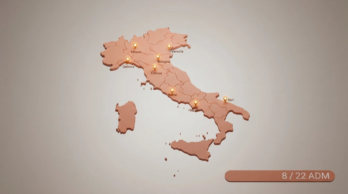 Una mappa stilizzata dell'Italia con indicatori posizionati sulle sedi legali dei principali concessionari ADM che offrono il 200%