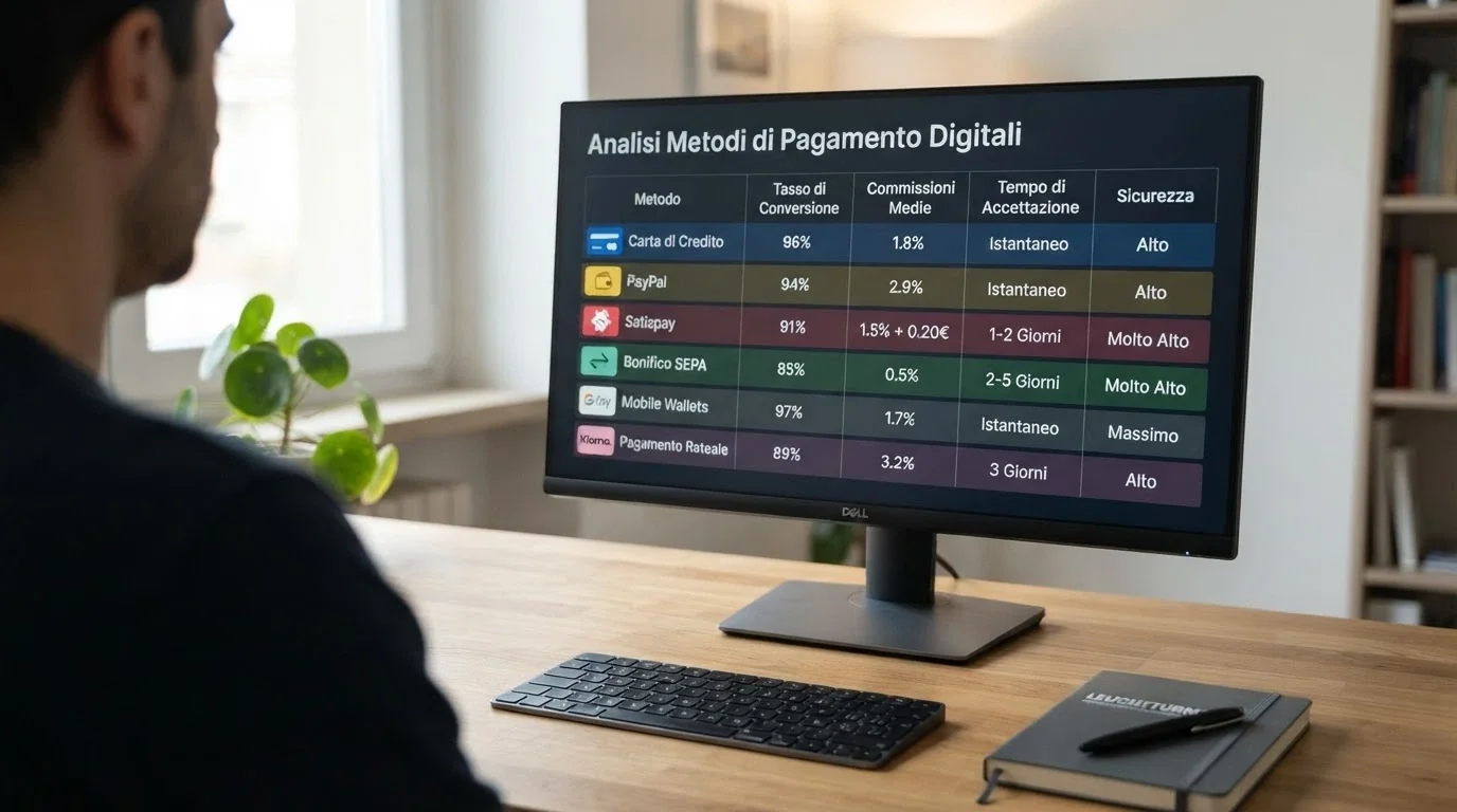 Lo schermo di un computer mostra una tabella comparativa con loghi di operatori ADM affiancati da icone di metodi di pagamento.