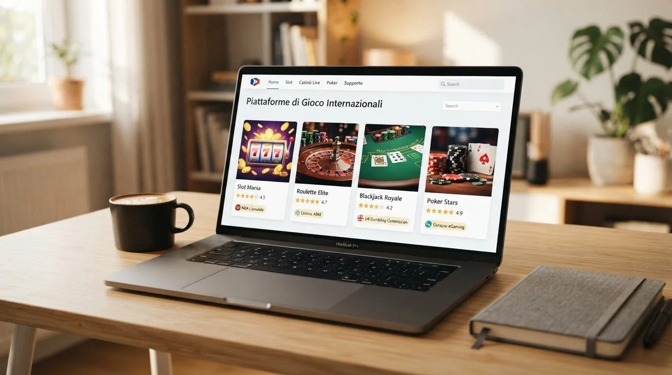 Una schermata comparativa con loghi di casinò online internazionali affiancati da icone di free spin, licenze e stelle di valutazione