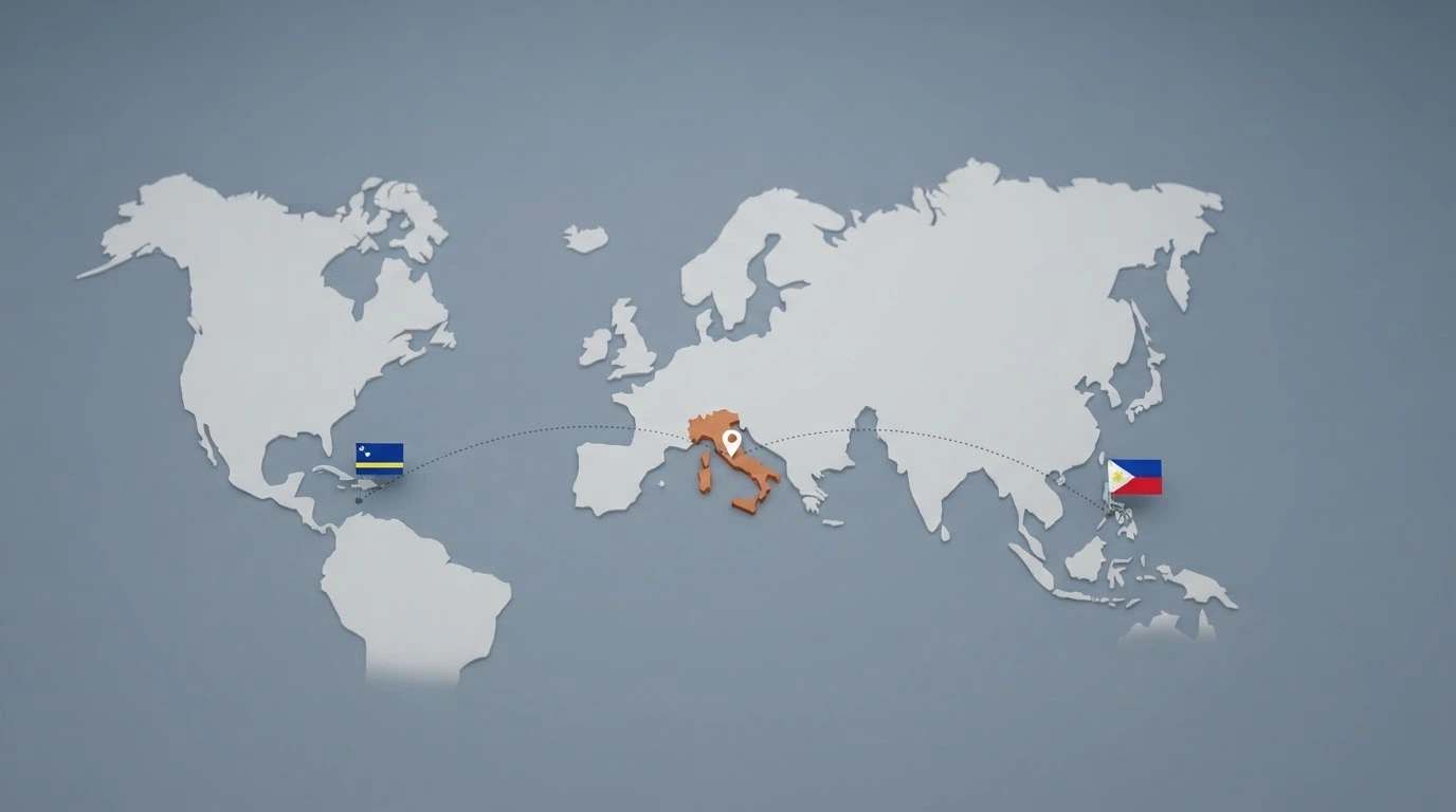 Una mappa stilizzata con le bandiere delle giurisdizioni di licenza (Curaçao, Filippine) e puntatori sull'Italia