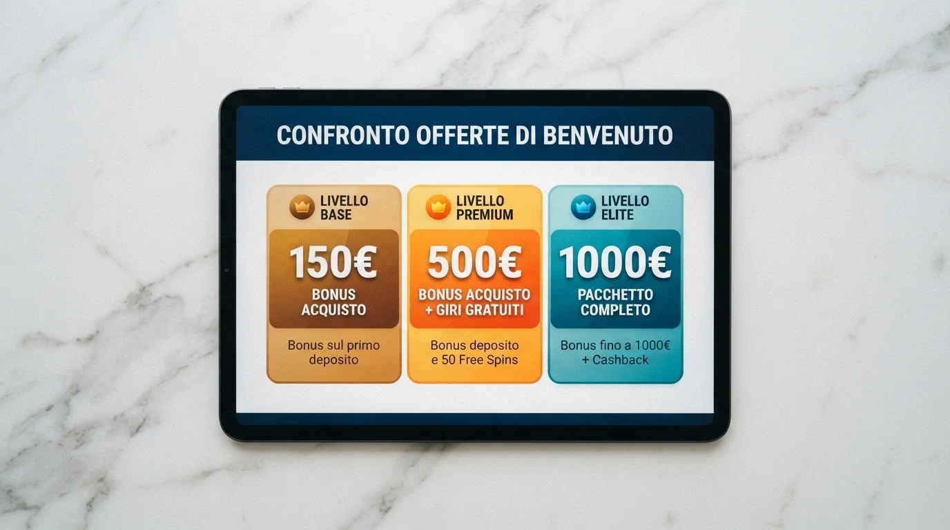 Tabella comparativa stilizzata con loghi di casinò e i rispettivi importi del bonus di benvenuto