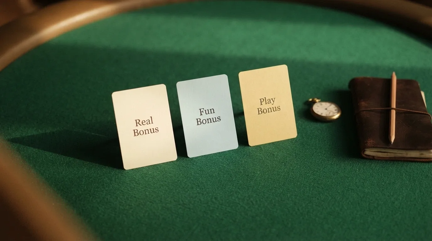 Tre carte bonus affiancate su un tavolo da gioco verde, ognuna con un'etichetta diversa: «Real Bonus», «Fun Bonus», «Play Bonus», con un orologio e un blocchetto degli appunti accanto
