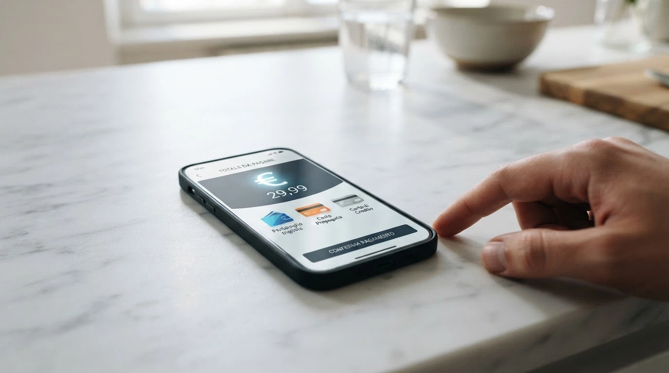 Uno smartphone con il carrello della cassa di un casinò: icone PayPal, PostePay e carte, con la voce crypto disattivata