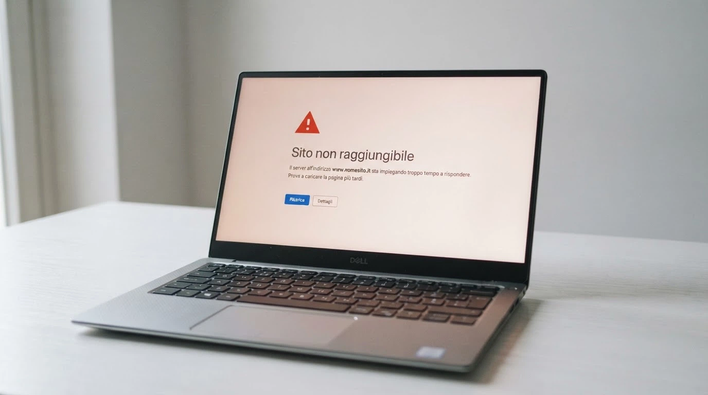 Lo schermo di un computer che mostra un messaggio di «sito non raggiungibile» con il simbolo del blocco DNS e la scritta «ADM» in sovrimpressione