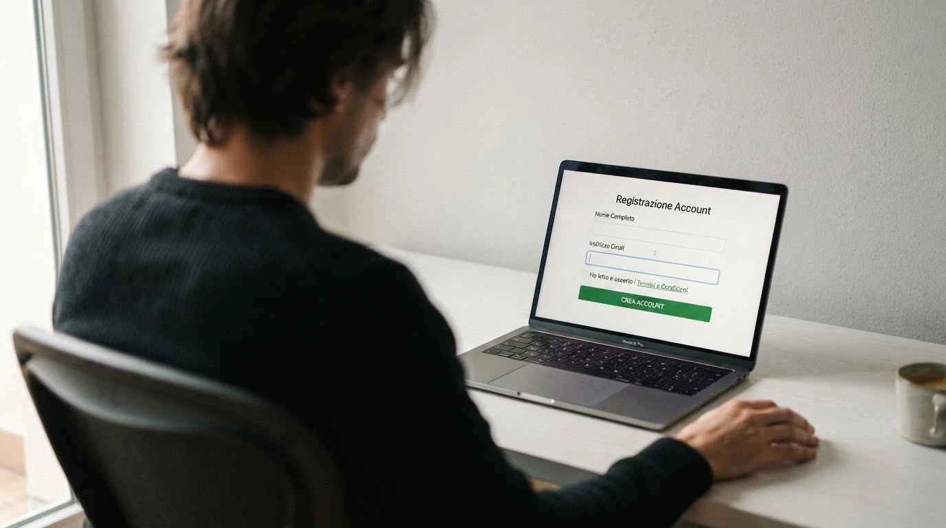 Schermata di registrazione di un casinò crypto con il campo per l'indirizzo email e il wallet, senza richiesta di documento