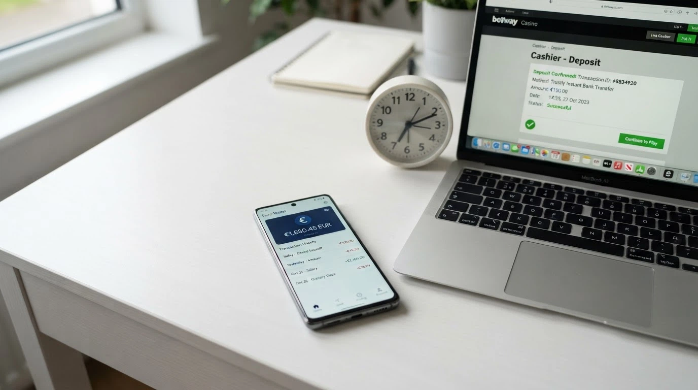 Uno smartphone mostra l'app PayPal accanto al logo di un casinò online autorizzato, con un'icona di orologio che segna «24h».