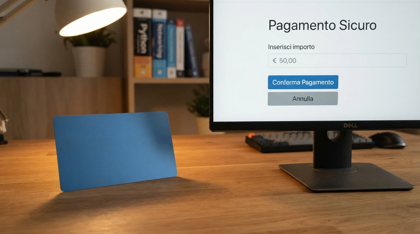 Una carta Postepay accanto allo schermo di un computer che mostra una pagina di pagamento di un casinò con concessione ADM.