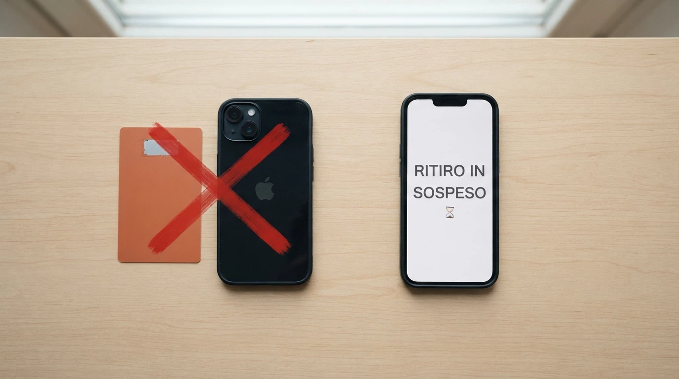 Una carta PostePay e uno smartphone con la schermata di un bonifico bancario barrati da una X rossa, accanto alla schermata di un casinò online con la scritta «withdrawal pending» in inglese