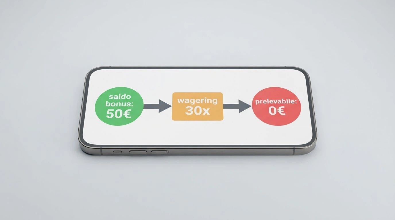 Un telefono con la schermata «saldo bonus: 50€» e accanto una freccia che porta a «prelevabile: 0€» passando attraverso «wagering 30x», su sfondo neutro