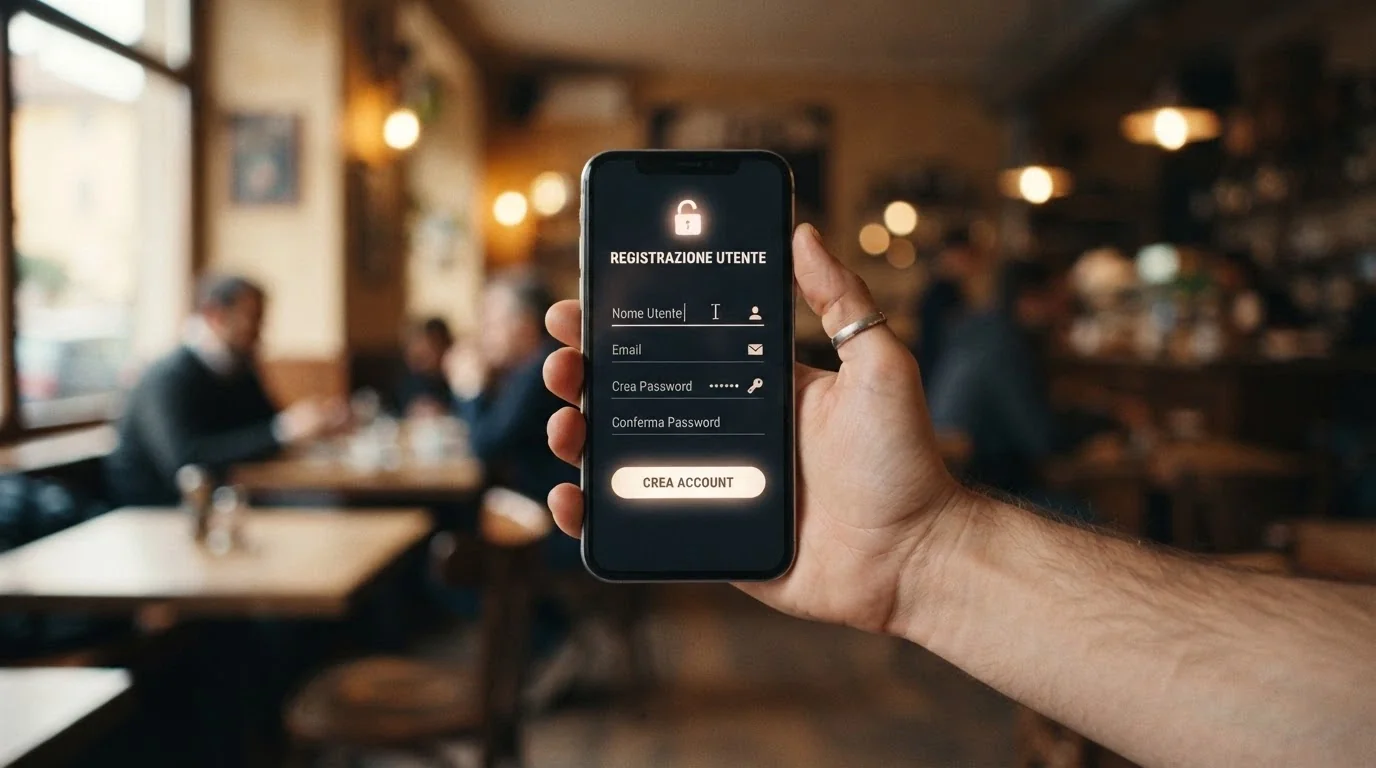 Uno smartphone con la schermata di registrazione di un casinò semplificata e l'icona di un lucchetto aperto in sovraimpressione