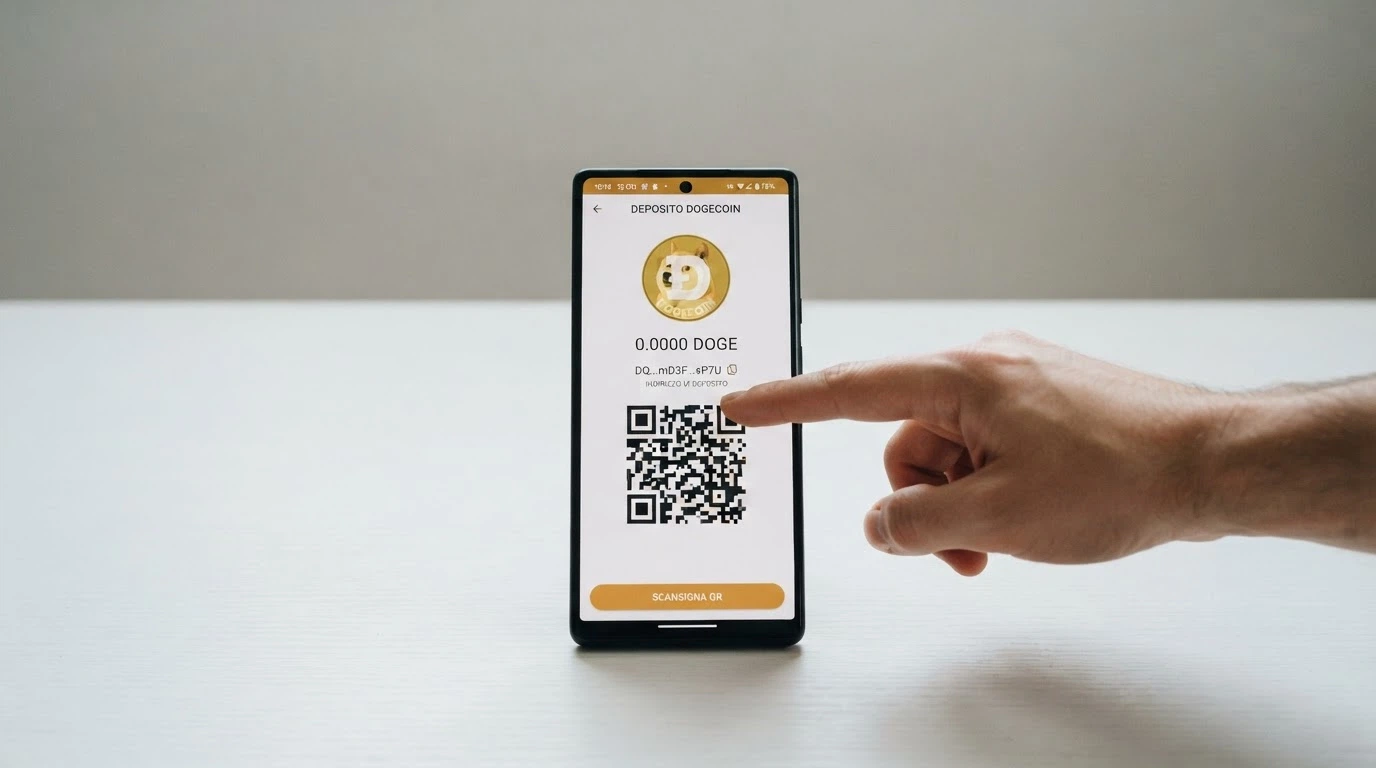 Interfaccia di cassa di un casinò crypto con indirizzo di deposito Dogecoin, QR code e importo in DOGE