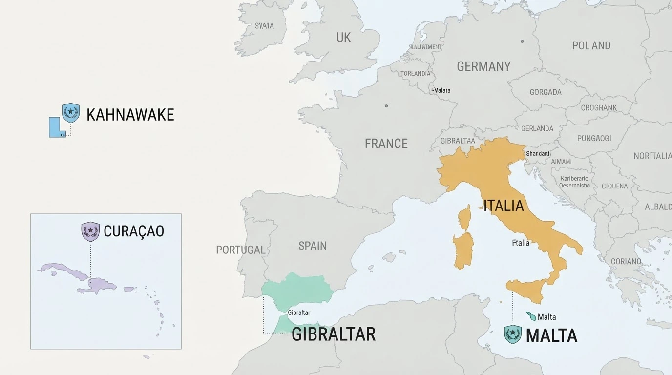 Una mappa dell'Europa con evidenziati i principali hub delle licenze da gioco: Malta, Gibraltar, Curacao, e l'Italia in contrasto