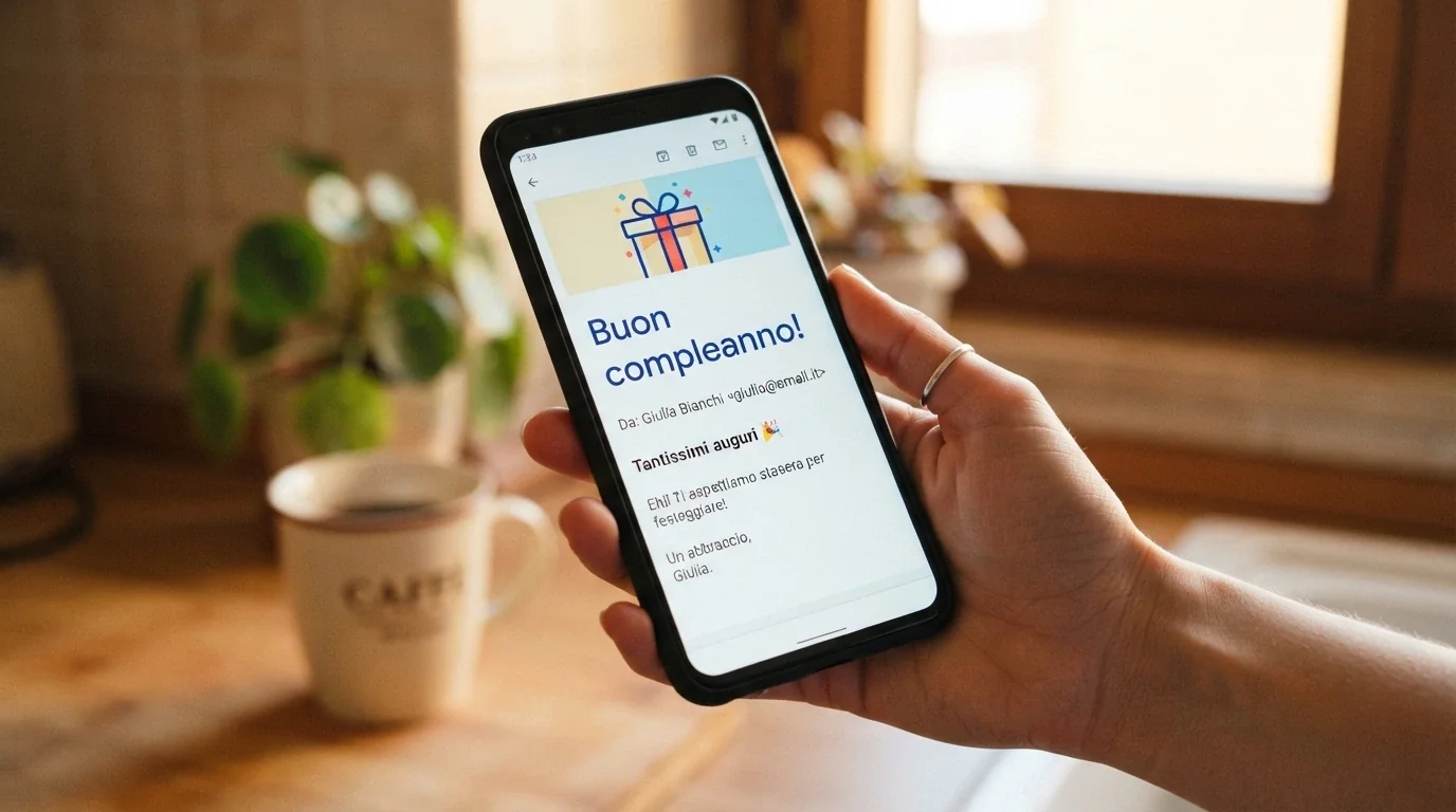 Una mano che apre un'email di auguri di compleanno con il logo di un casinò e la scritta «buon compleanno: hai ricevuto un bonus»