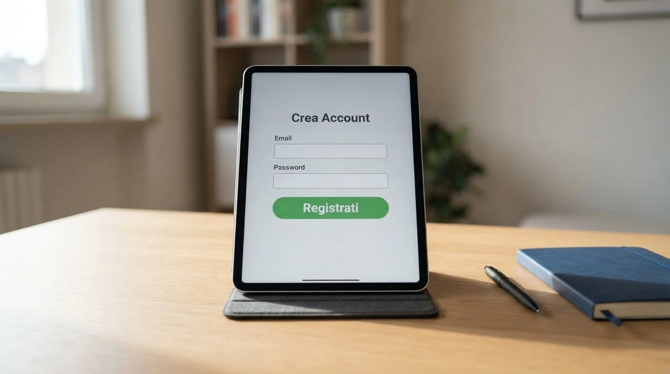 Un modulo di registrazione essenziale con solo email e password, senza campi per documento o codice fiscale