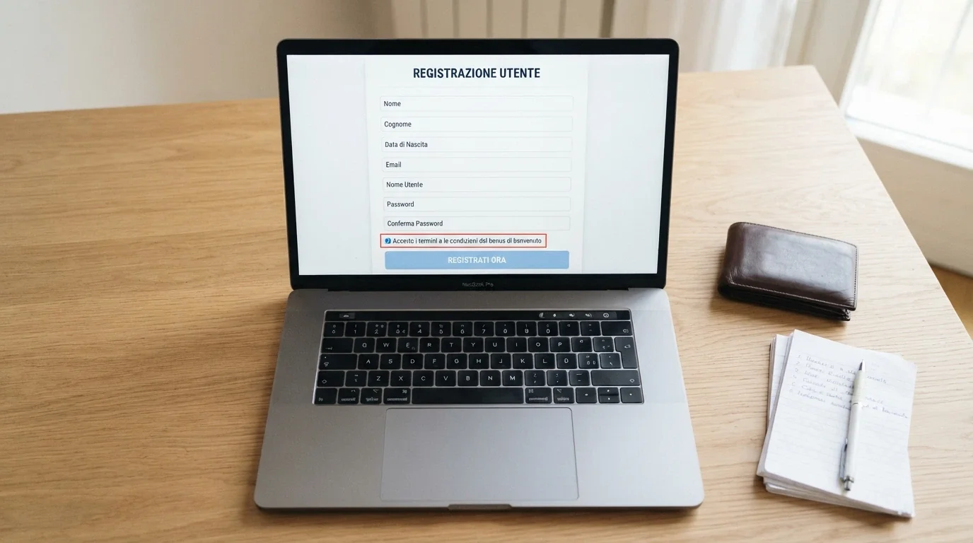 Interfaccia di registrazione di un casinò online italiano con il form di iscrizione e la spunta per l'accettazione del bonus