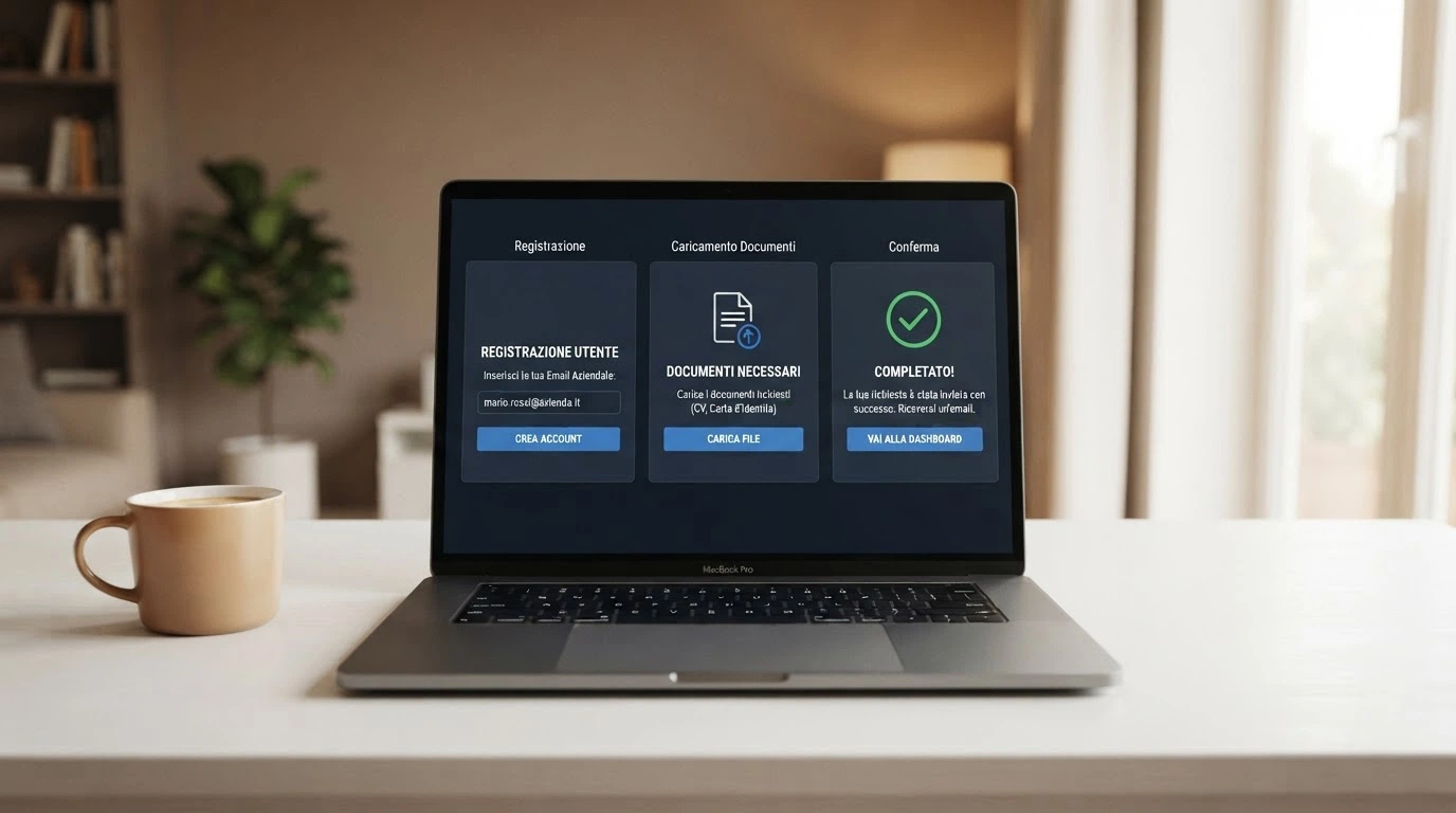 Una sequenza orizzontale di tre schermate: modulo di registrazione con logo SPID, caricamento documento, schermata di conferma con il conto gioco attivo