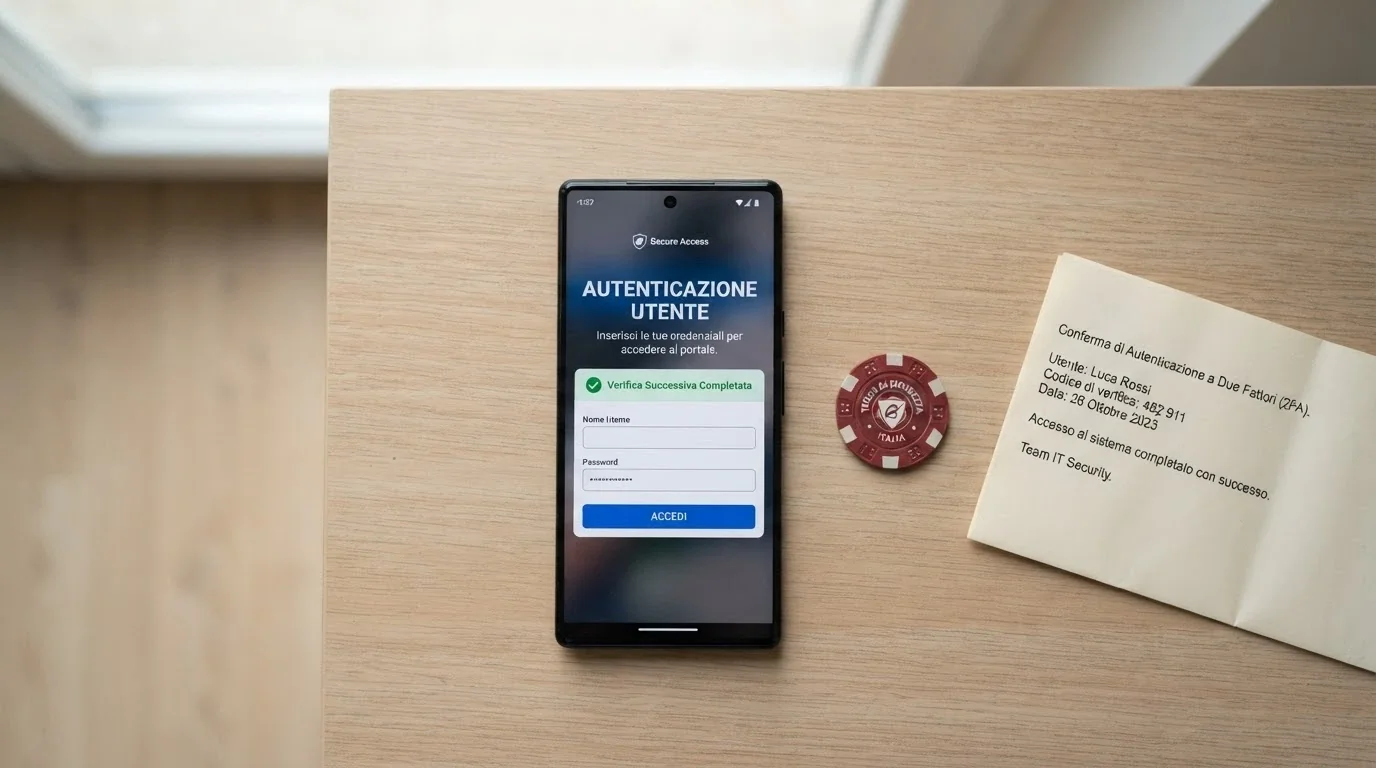 Uno smartphone con la schermata di login SPID in primo piano, accanto una carta d'identità elettronica (CIE) e un documento cartaceo, con il simbolo di verifica completata