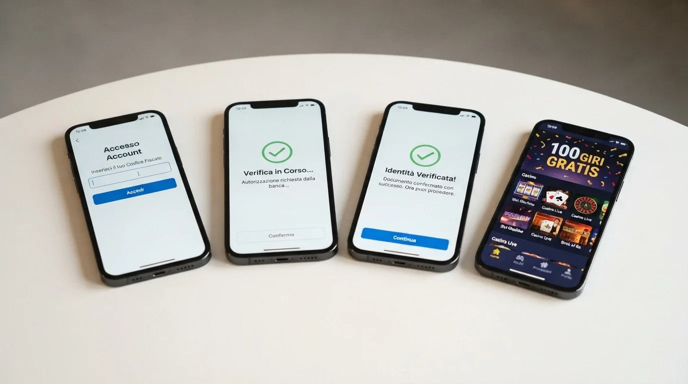 Le schermate progressive di una registrazione SPID su smartphone: login, autorizzazione, conferma, schermata del casinò con 100 giri gratis accreditati