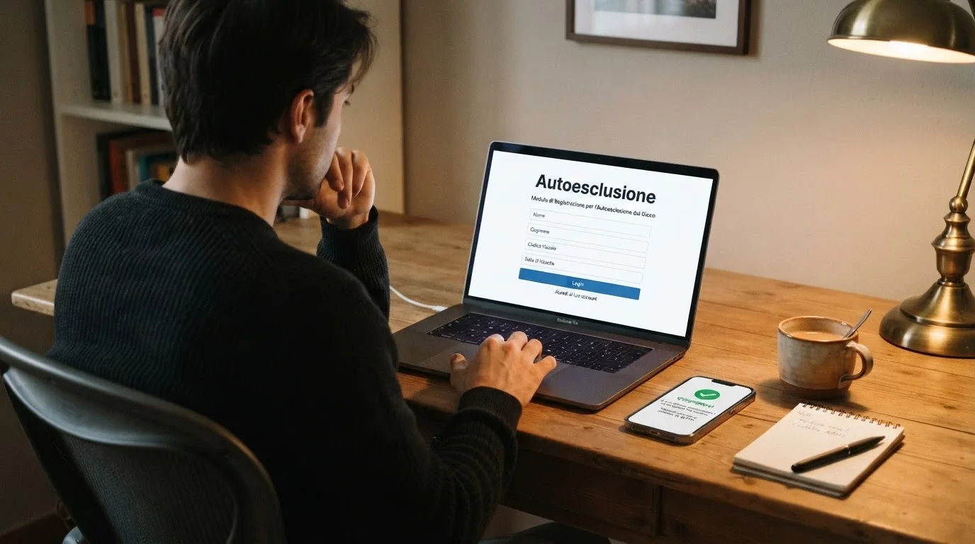 Una persona che digita su un computer portatile, sullo schermo un modulo con la scritta «Autoesclusione» e il logo SPID, colori rassicuranti