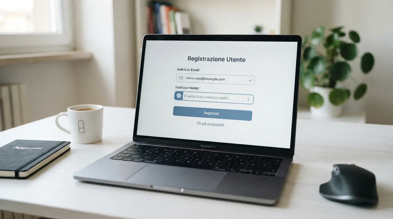 Un modulo di registrazione essenziale con solo campo email e indirizzo wallet, senza campi per documenti di identità