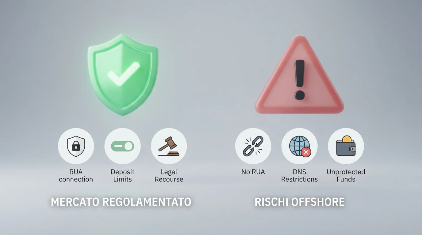 Infografica a due colonne: a sinistra le tutele del casinò con ADM (RUA, limiti, ricorso legale), a destra i rischi dell'operatore offshore (nessun RUA, blocco DNS, fondi non garantiti)