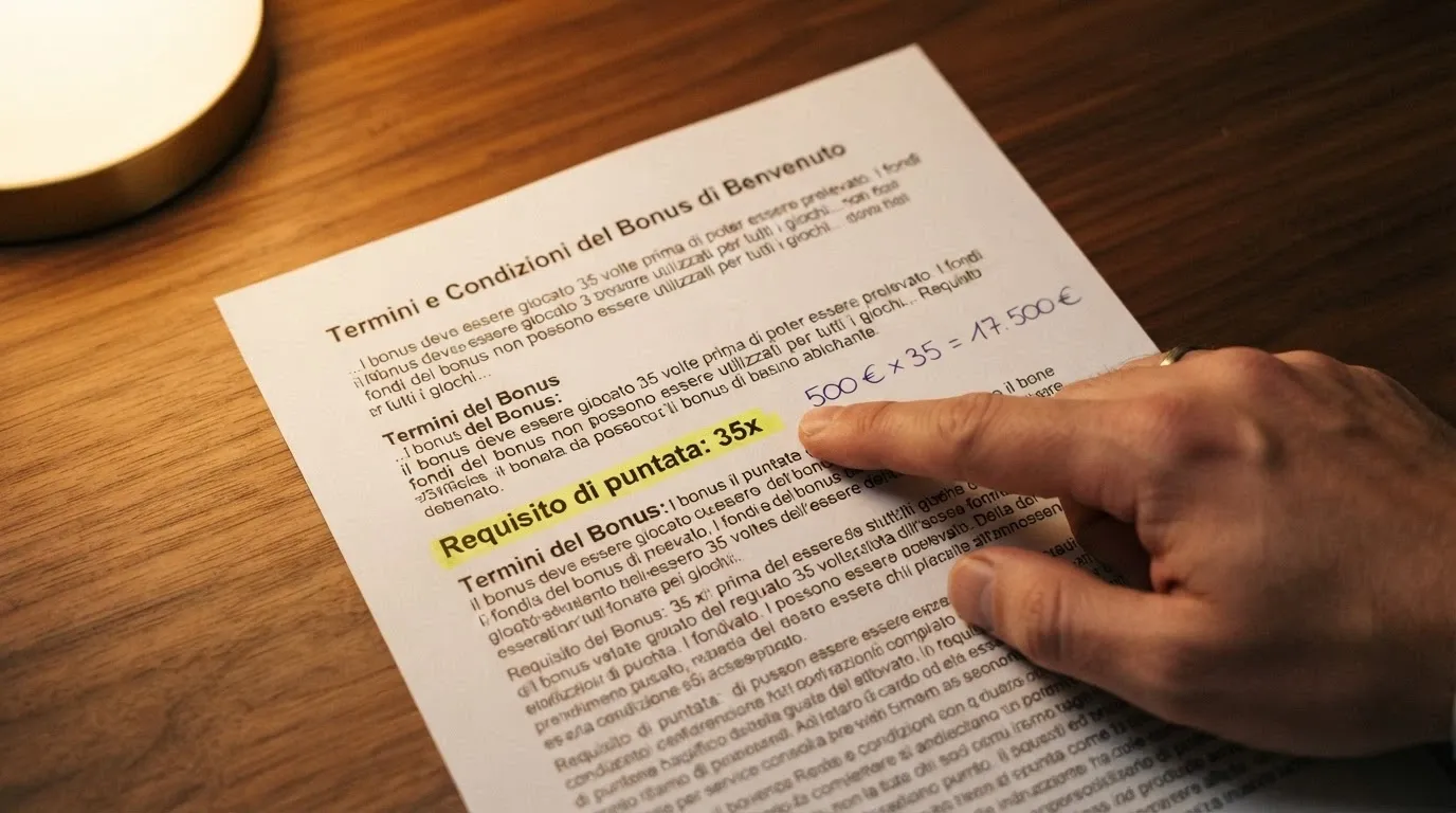 Il riquadro dei termini e condizioni di un bonus con il requisito di puntata 35x evidenziato in giallo