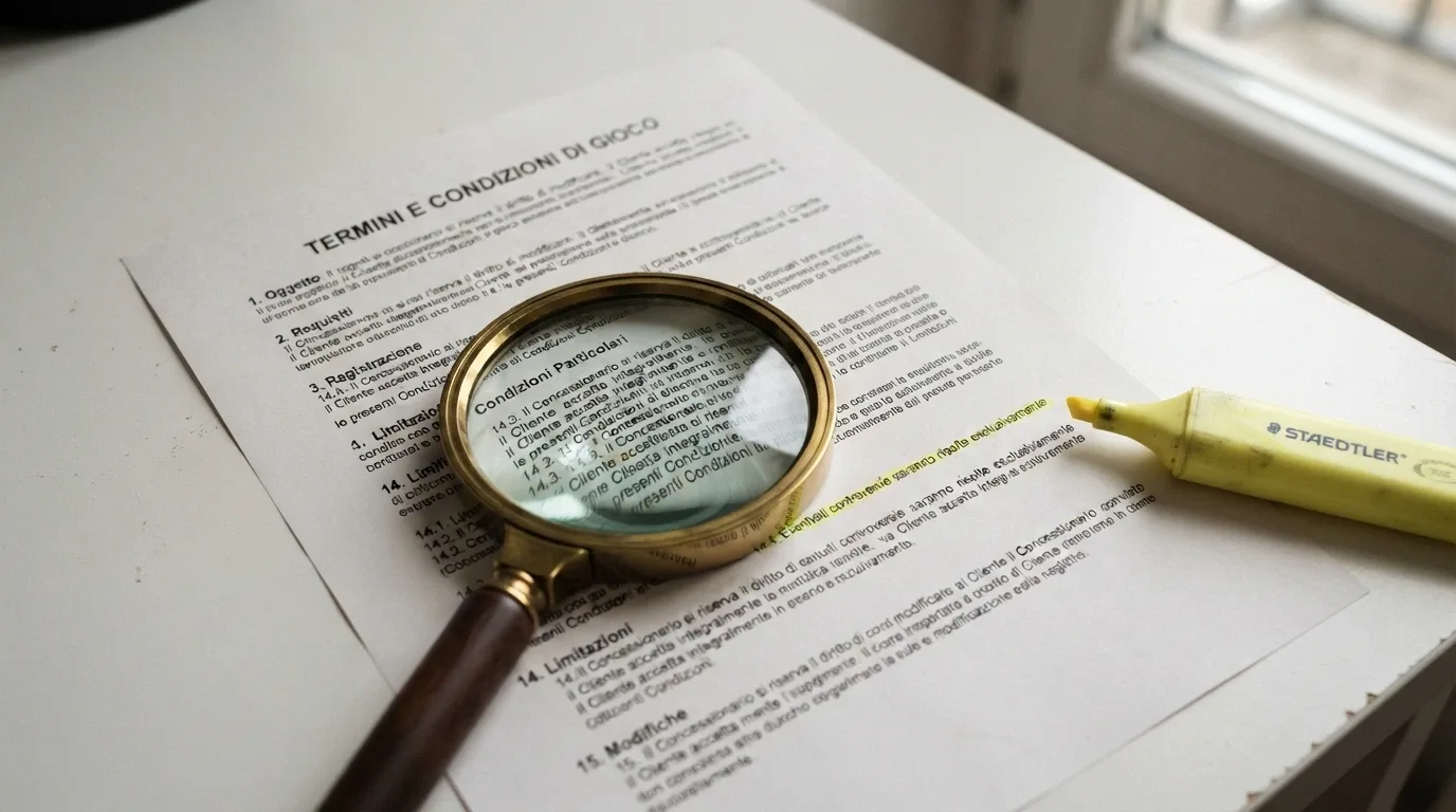 Un primo piano di un contratto con una lente d'ingrandimento posata sopra la sezione dei termini e condizioni, evidenziata in giallo