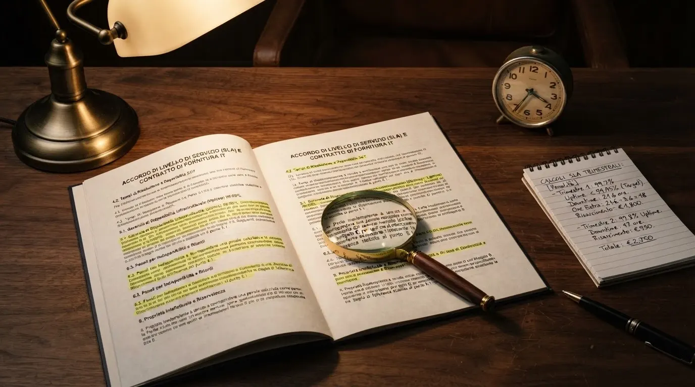 Un contratto con clausole evidenziate da una lente di ingrandimento, accanto a una calcolatrice e a un orologio