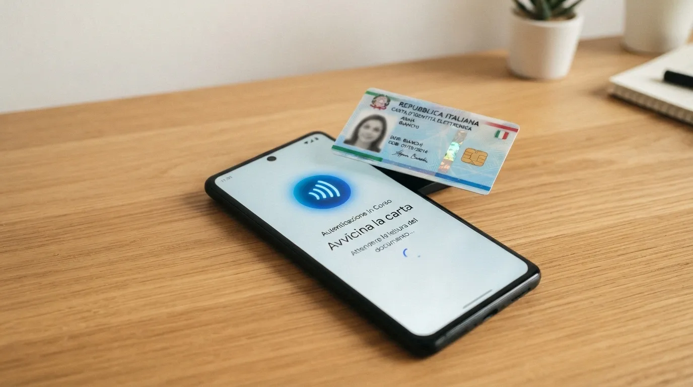 Uno smartphone con l'app CieID aperta e una CIE appoggiata sul retro del telefono, con il simbolo NFC visibile sullo schermo