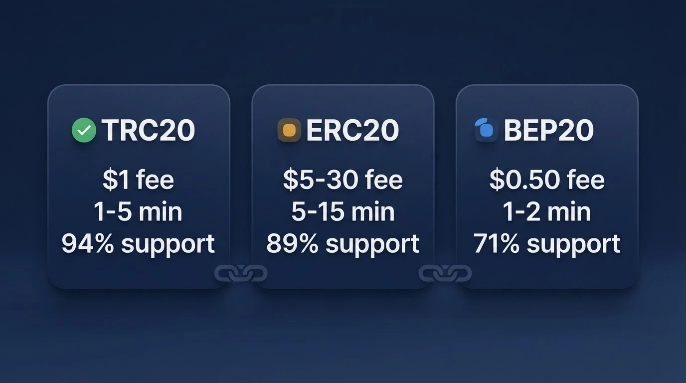 Schermata di selezione della rete blockchain (TRC20, ERC20, BEP20) durante un deposito in USDT in un casinò online
