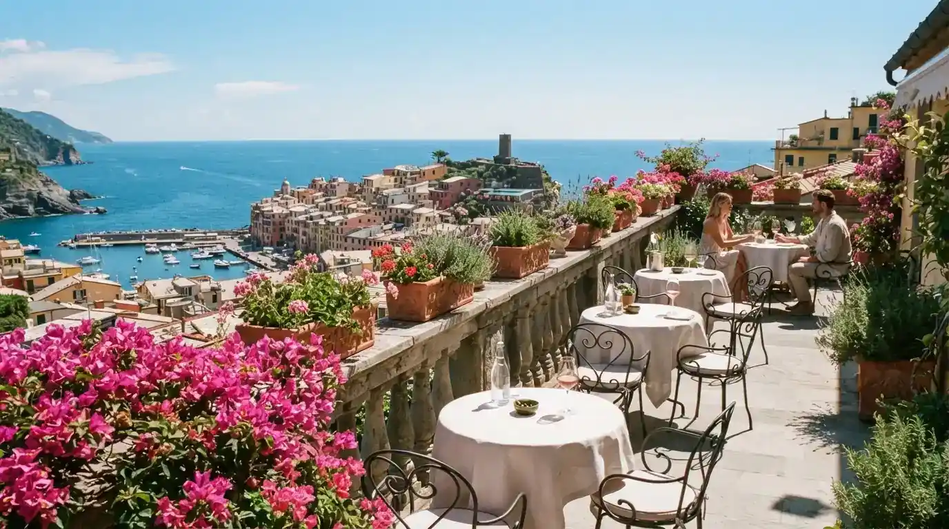 Terrazza panoramica del Roof Garden con tavoli, piante e vista sulla città di Sanremo
