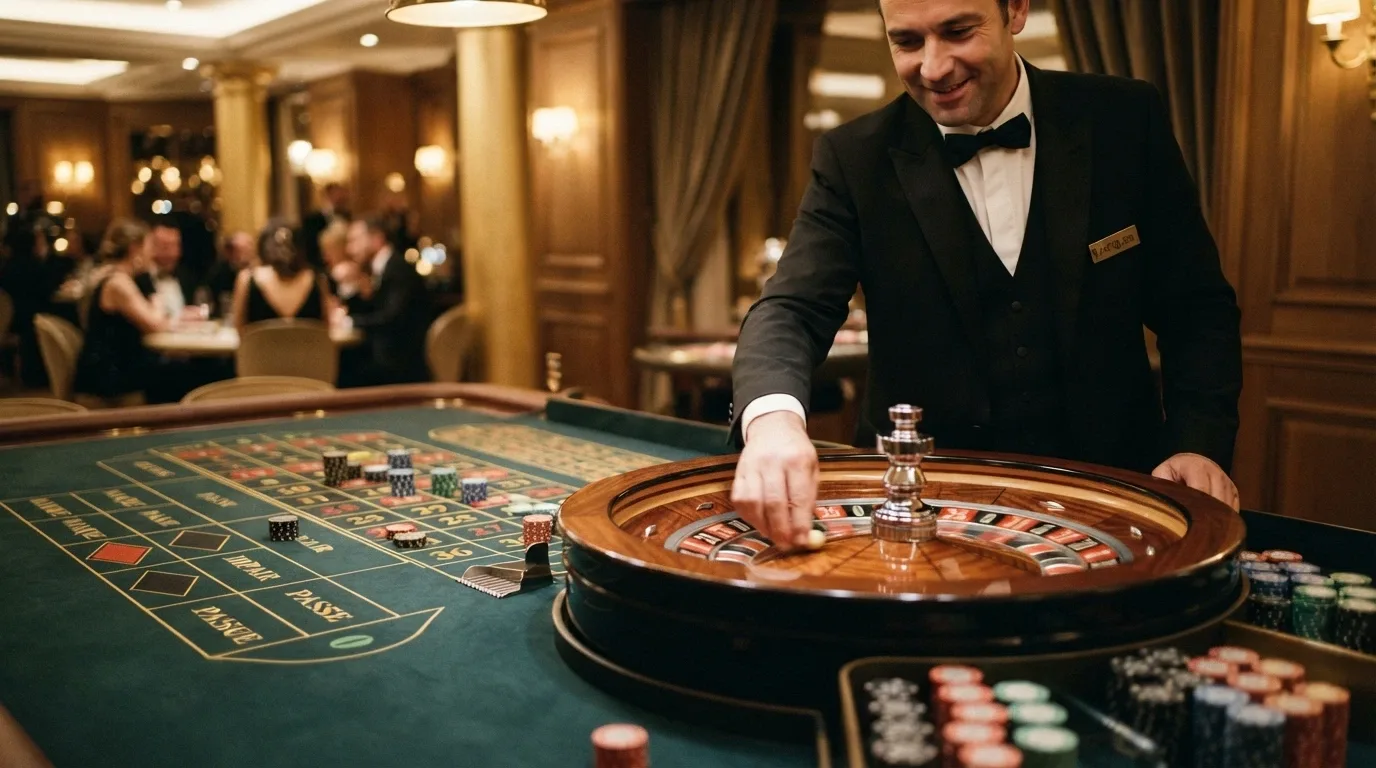 Tavolo di roulette francese con croupier in una sala da gioco elegante