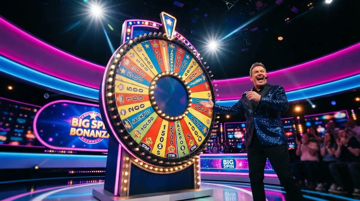 La grande ruota colorata di Crazy Time in uno studio Evolution con l'host che invita a puntare, segmenti numerati e quattro frecce bonus