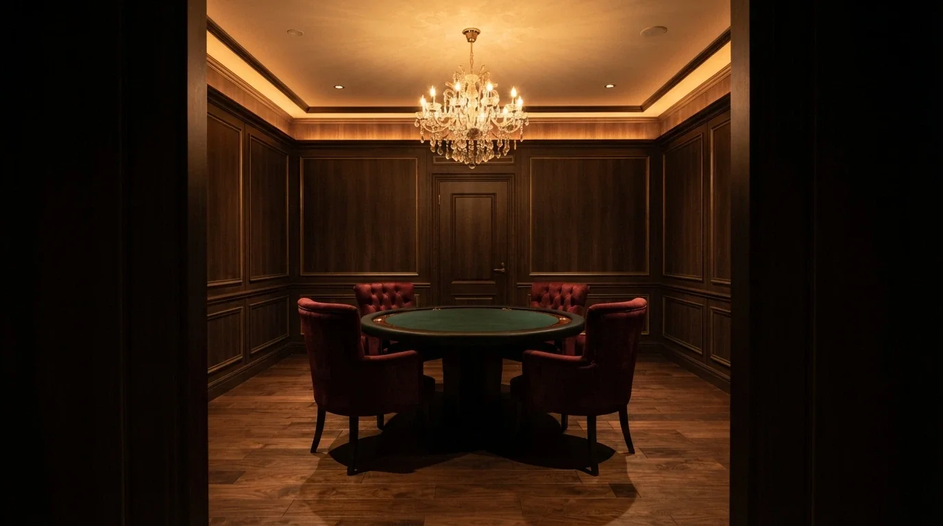 Una sala da gioco privata con poltrone in velluto, lampadario e un tavolo riservato