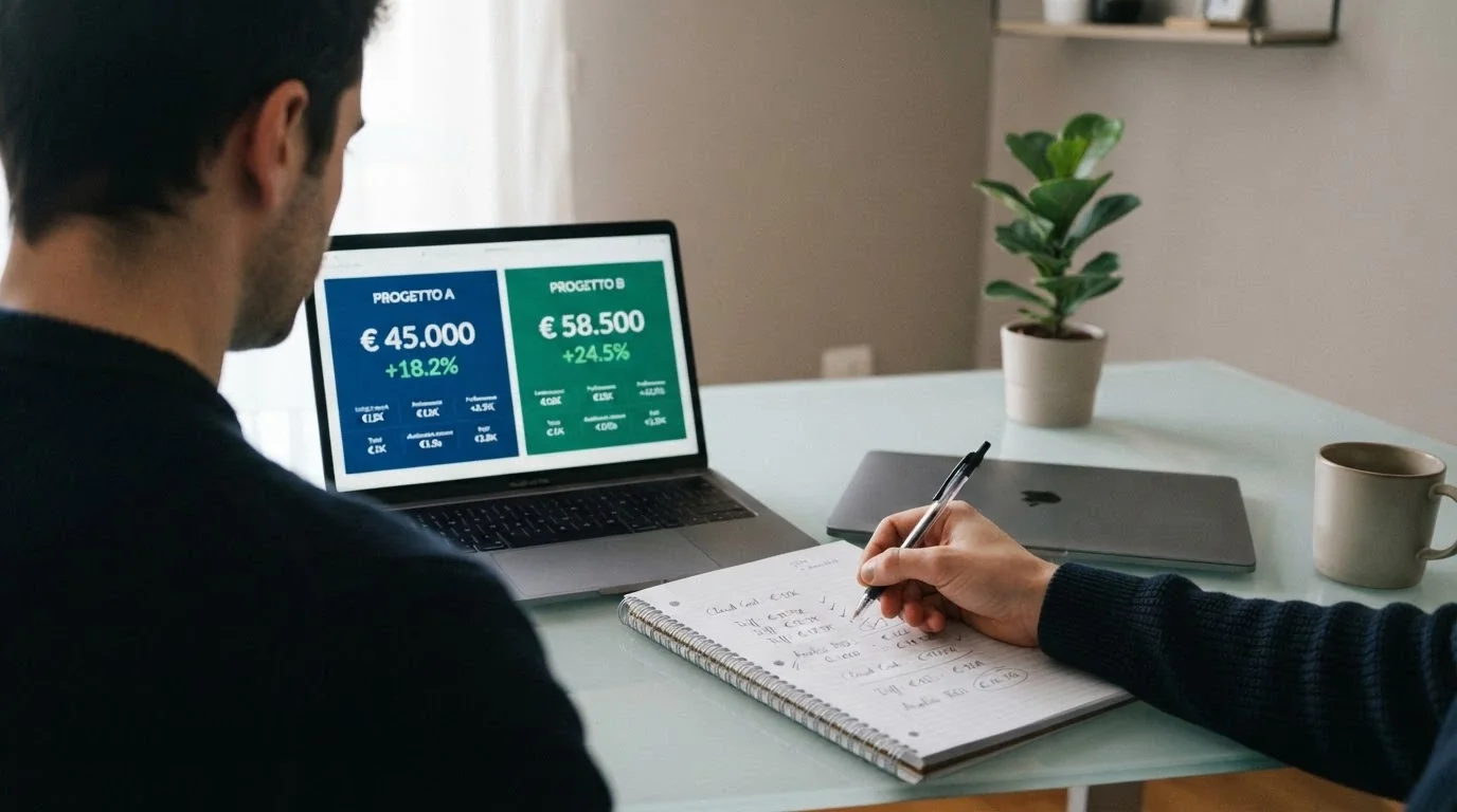 Giocatore che valuta offerte su un dispositivo con calcolatrice e checklist di criteri a fianco